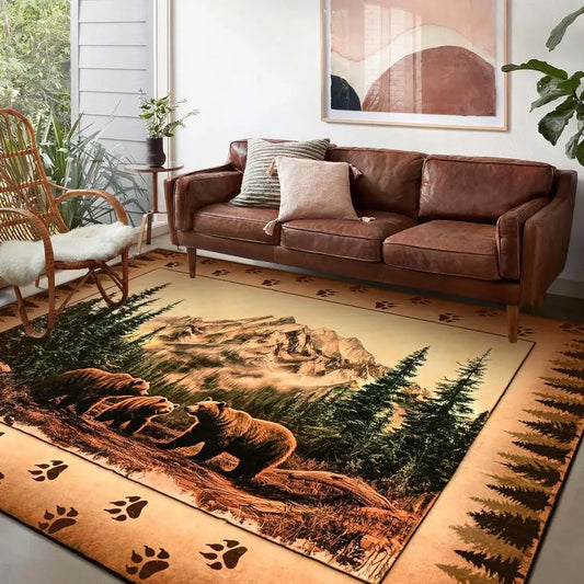 Farmhouse Wildlife Area Rug With Bear Moose Deer Wool