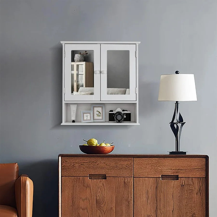 XIUWO Medicine Cabinet With Mirror Wall Mounted Wooden