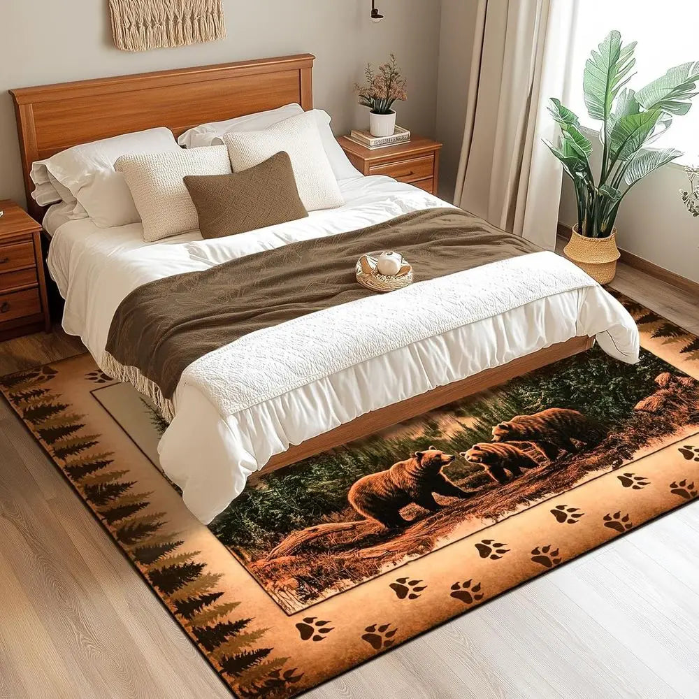 Farmhouse Wildlife Area Rug With Bear Moose Deer Wool
