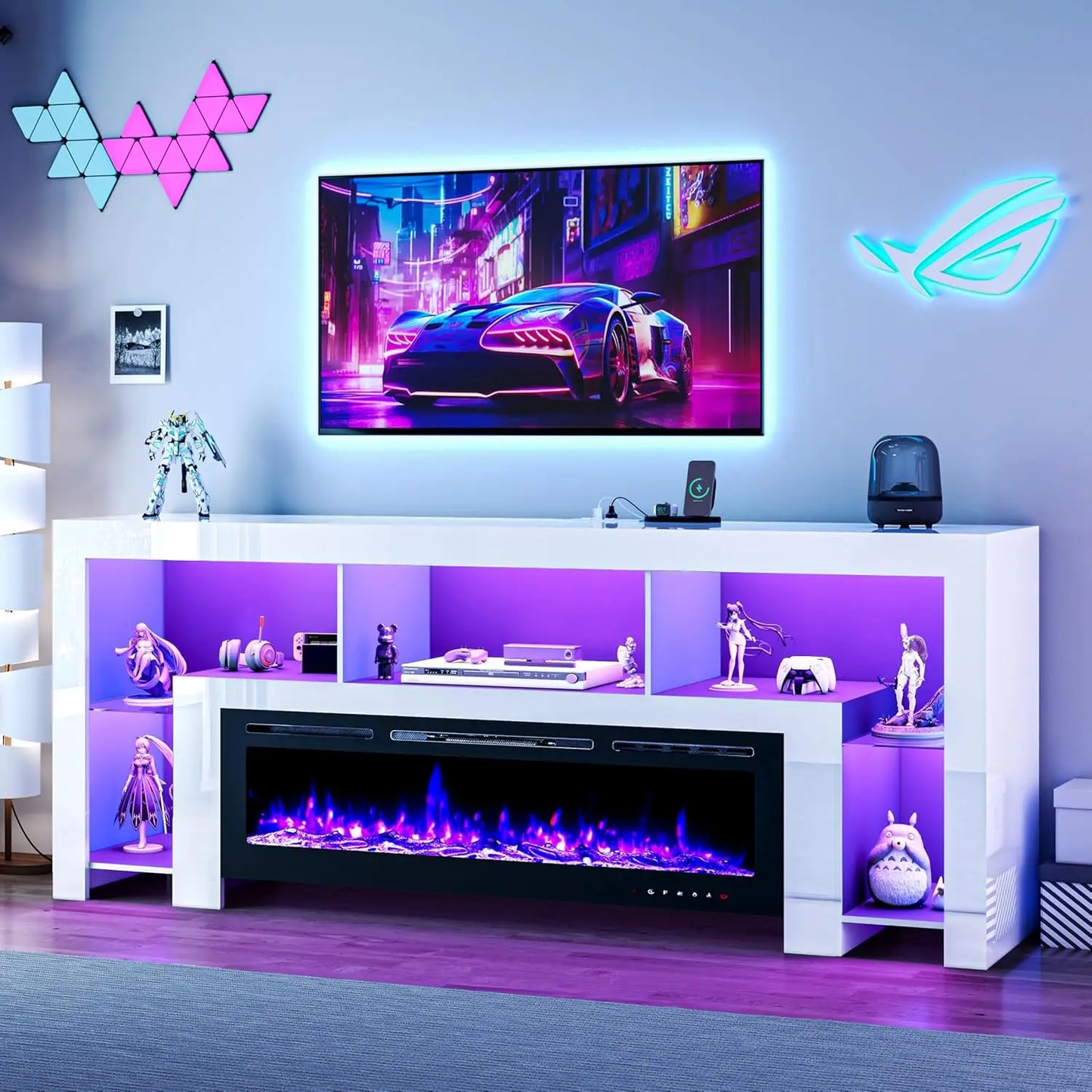 94.5" Fireplace TV Stand for TVs Up to 100", Gaming LED Entertainment Center with 50" Electric Fireplace, Modern High Gloss Medi