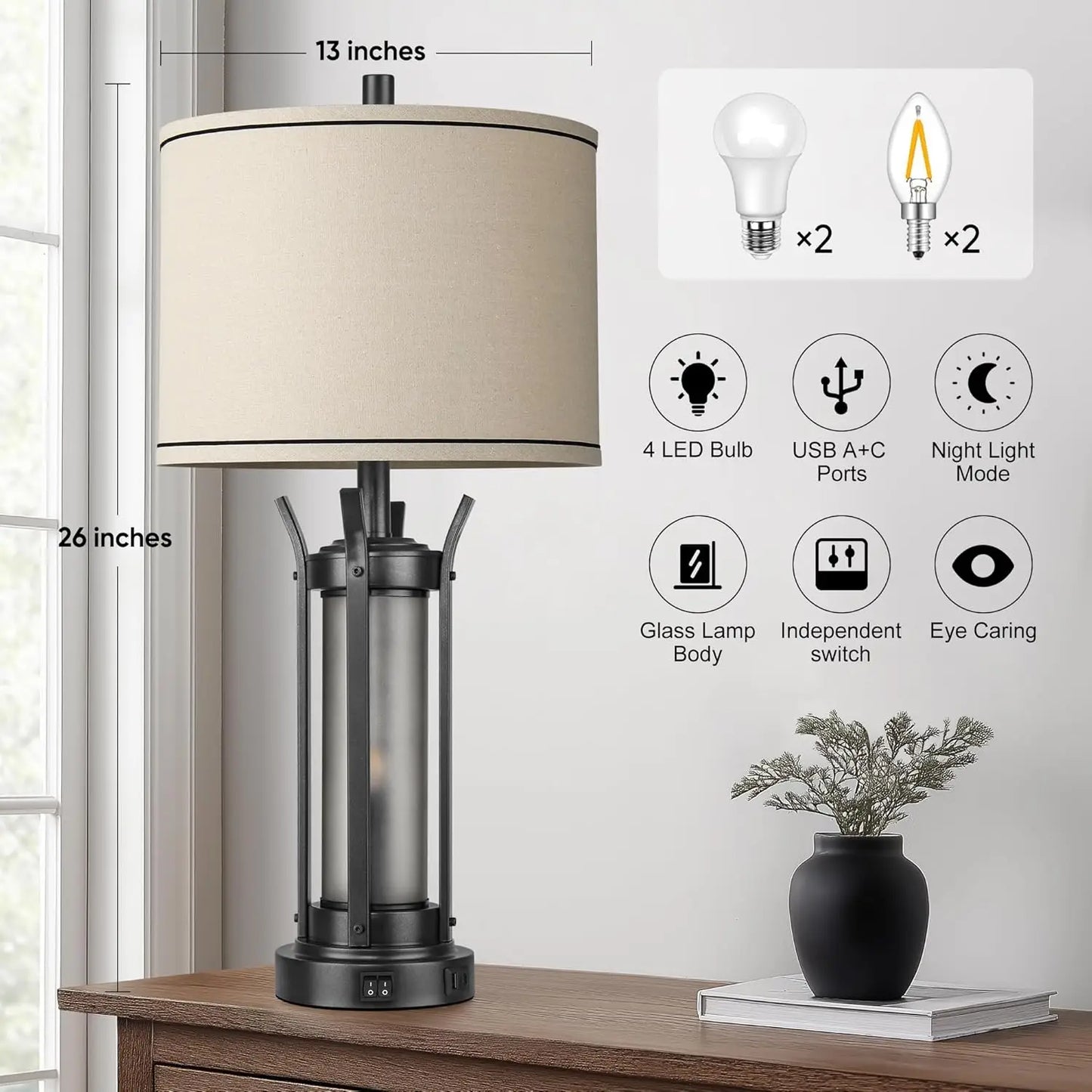 Farmhouse Table Lamps Set of 2 with USB Charging Ports, Frosted Glass Night Light, and LED Bulbs Included in Black