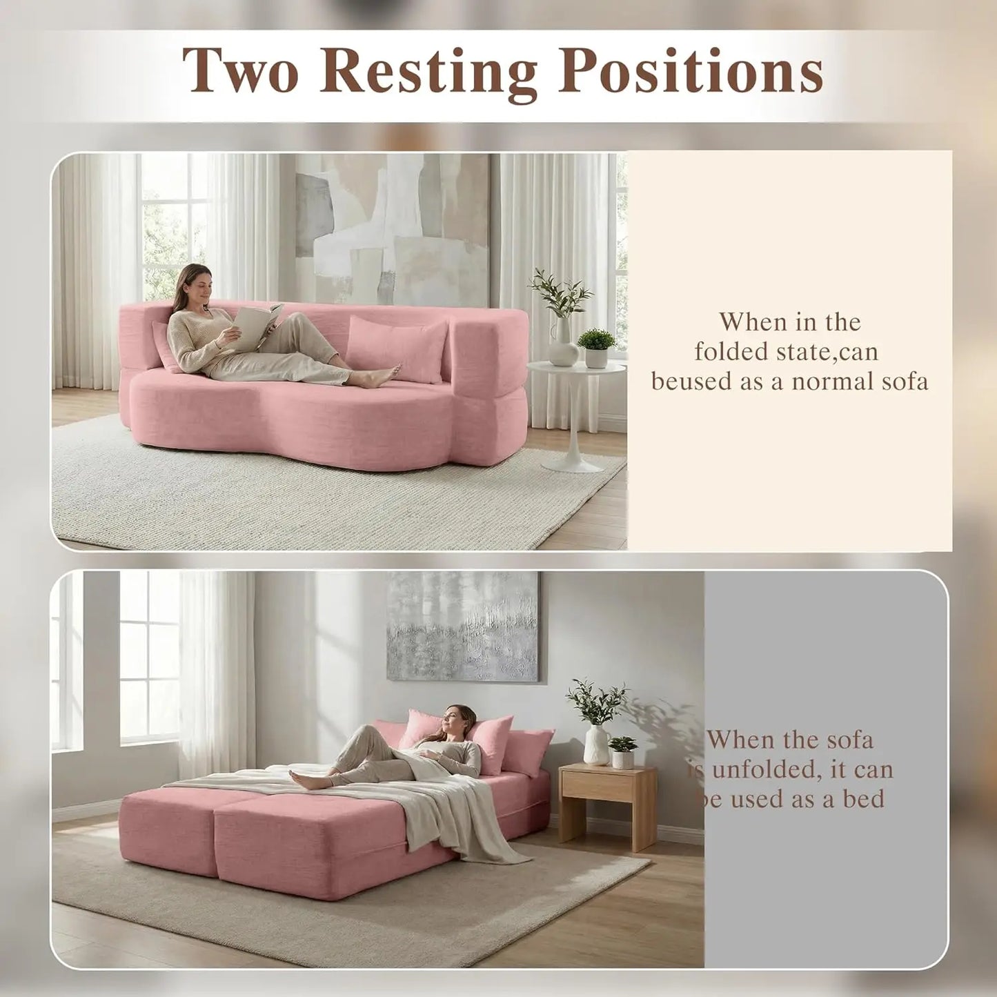 Convertible Sofa Bed 2-In-1 Teddy Fabric Loveseat With Pillow