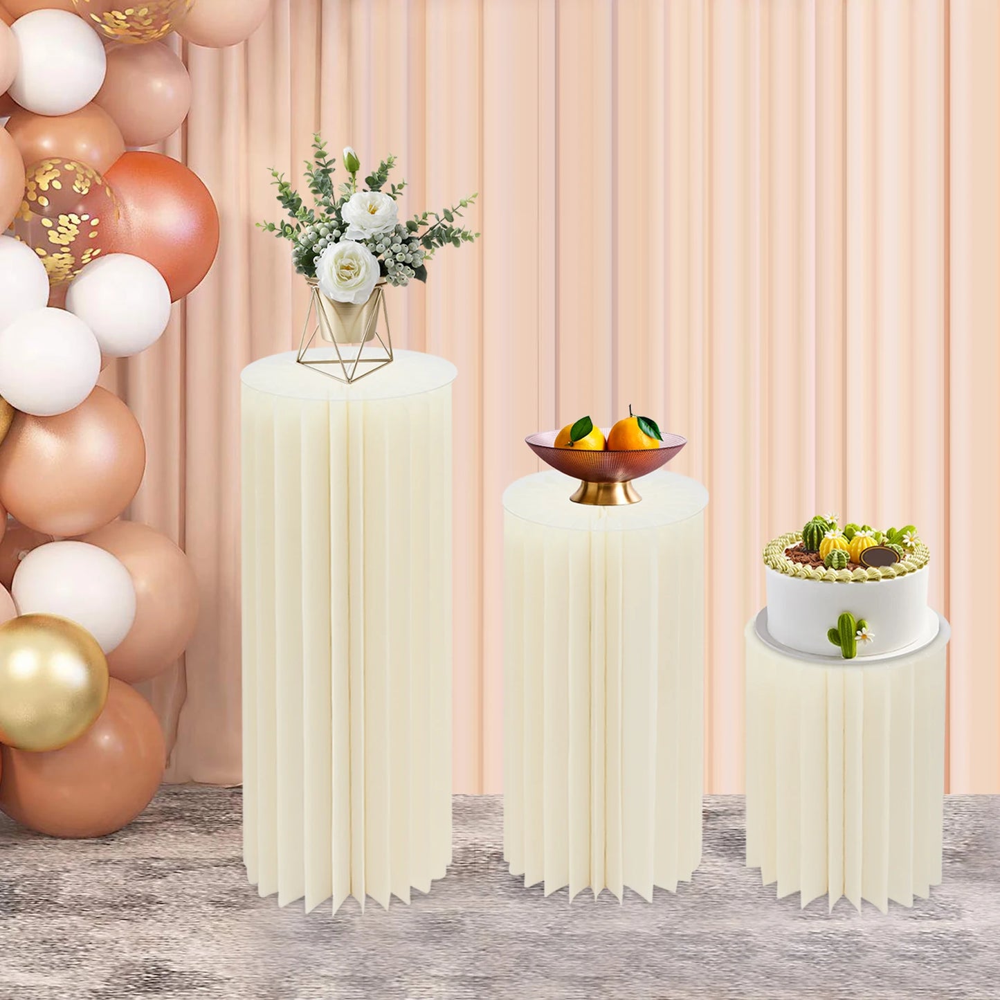 3pcs Foldable Cardboard Flowers Stand,Milky White Round Cylinder Centerpiece Display Stand, for Wedding Party Garden Decoration