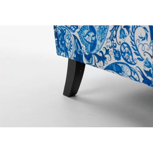 Upholstered Accent Chair, Vintage Armchair with Blue and white porcelain print Linen Fabric and Nailhead Trim for Living Room