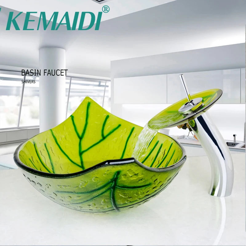 Yanksmart Leaf Shape Glass Vessel Basin Sink With Waterfall Faucet