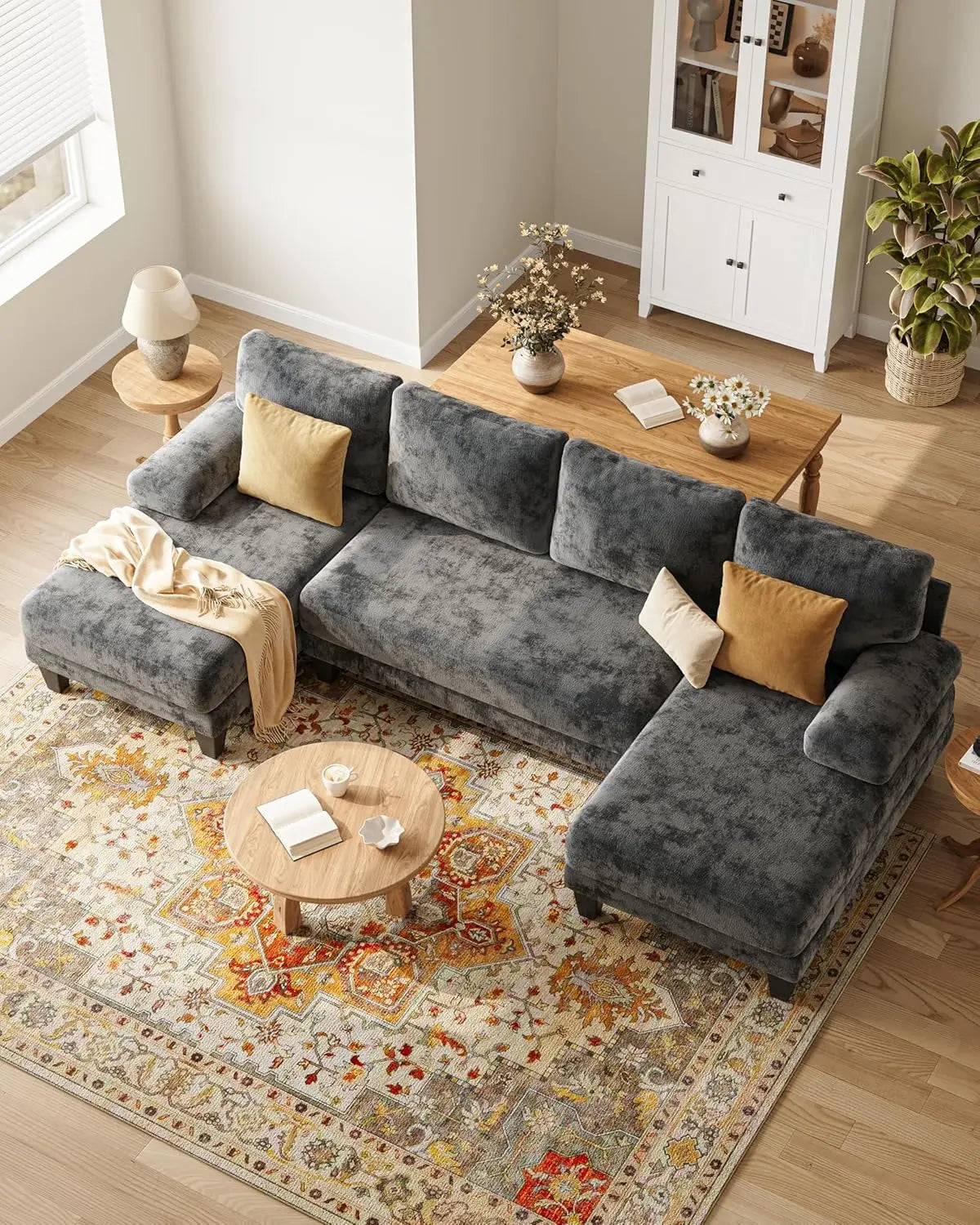 U Shaped Chenille Sectional Sofa With Double Chaise