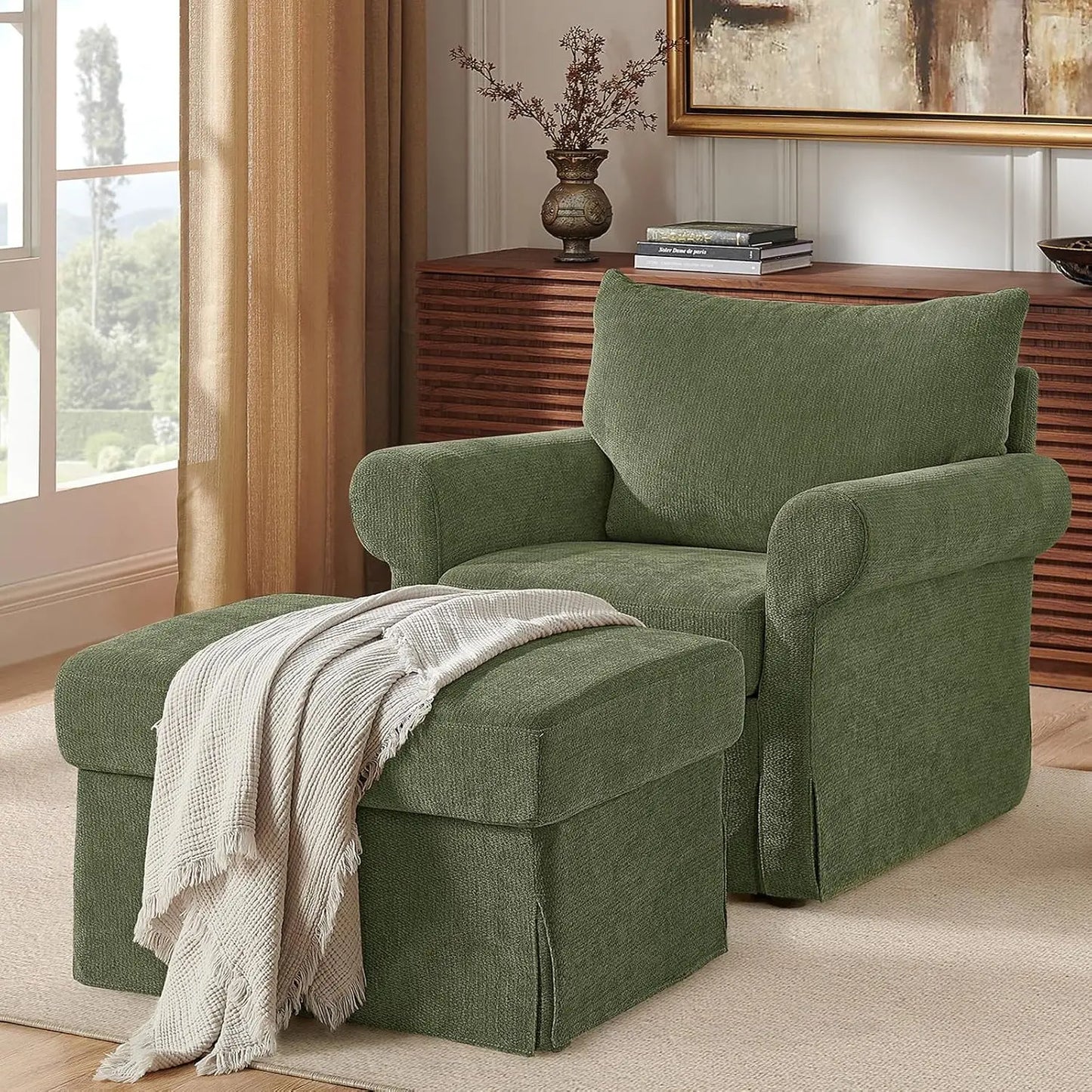Modern Chenille Accent Chair With Ottoman Reading Armchair Cushion