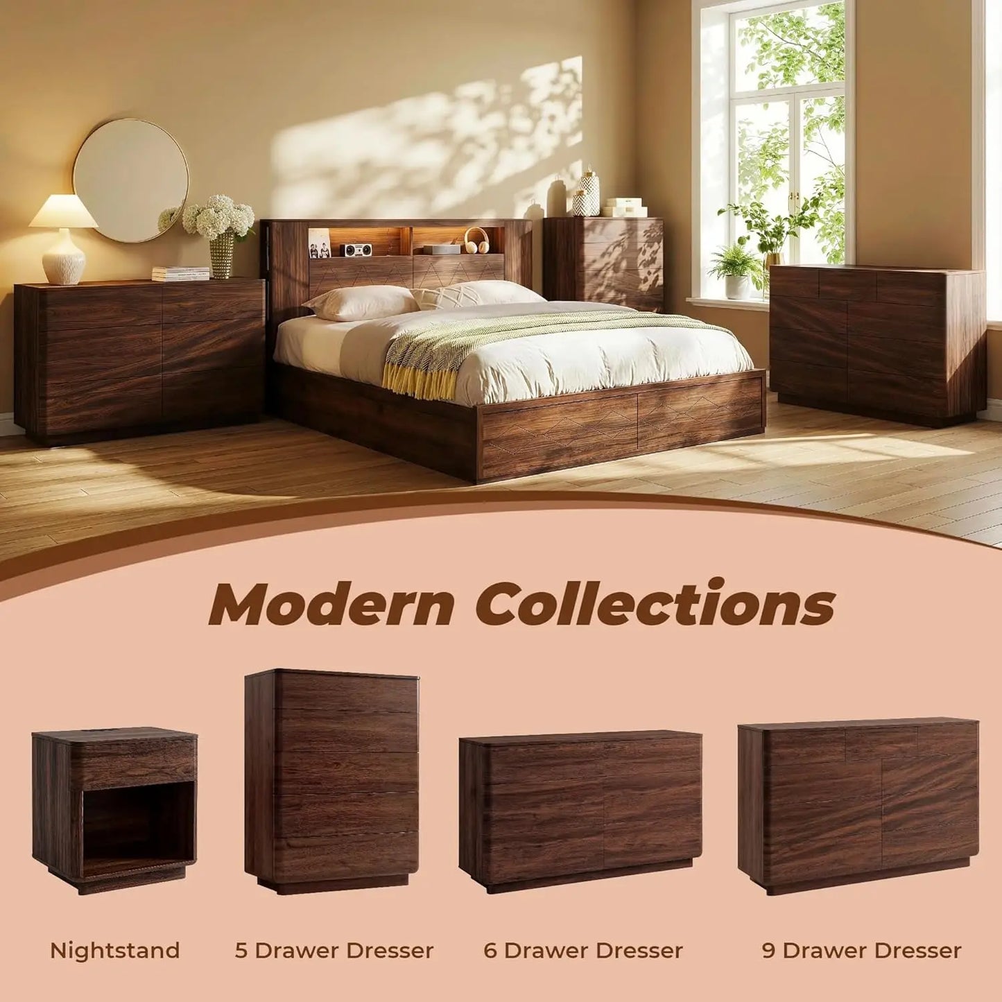 Modern Wood Nightstand Set of 2, 22" Wide Night Stand with Charging Station, Storage Drawer & Open Shelf, Large, Customized