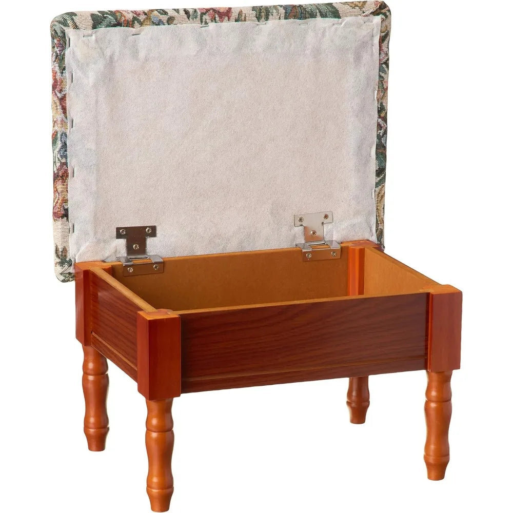 Elegant Queen Anne Style Storage Ottoman Footstool With Floral Embroidery