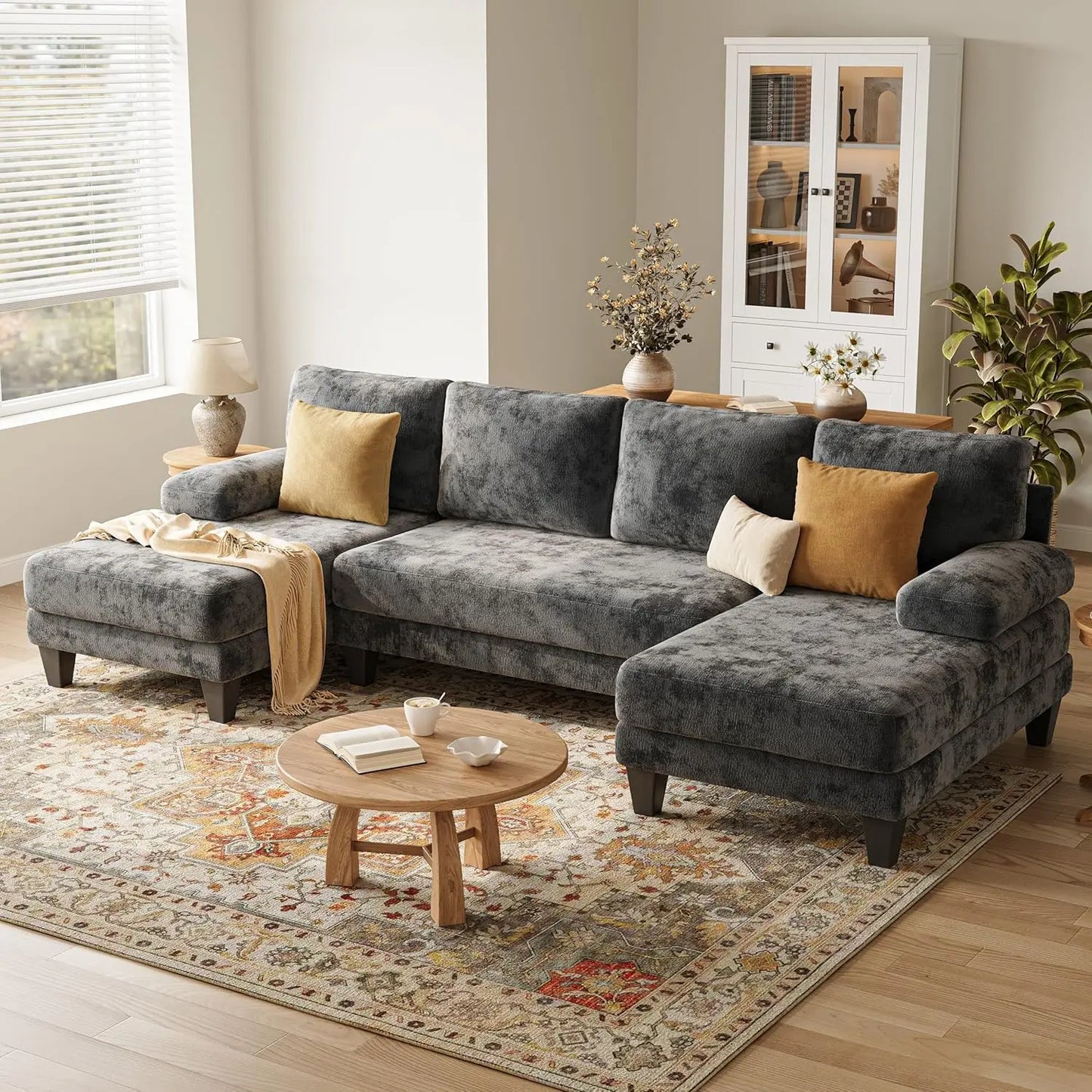 U Shaped Chenille Sectional Sofa With Double Chaise
