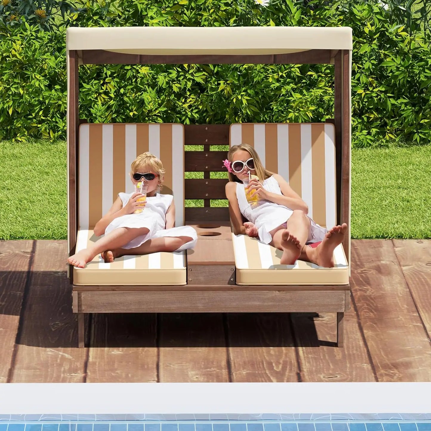 Wood Double Chaise Canopy Cup Holder Chair For Kids