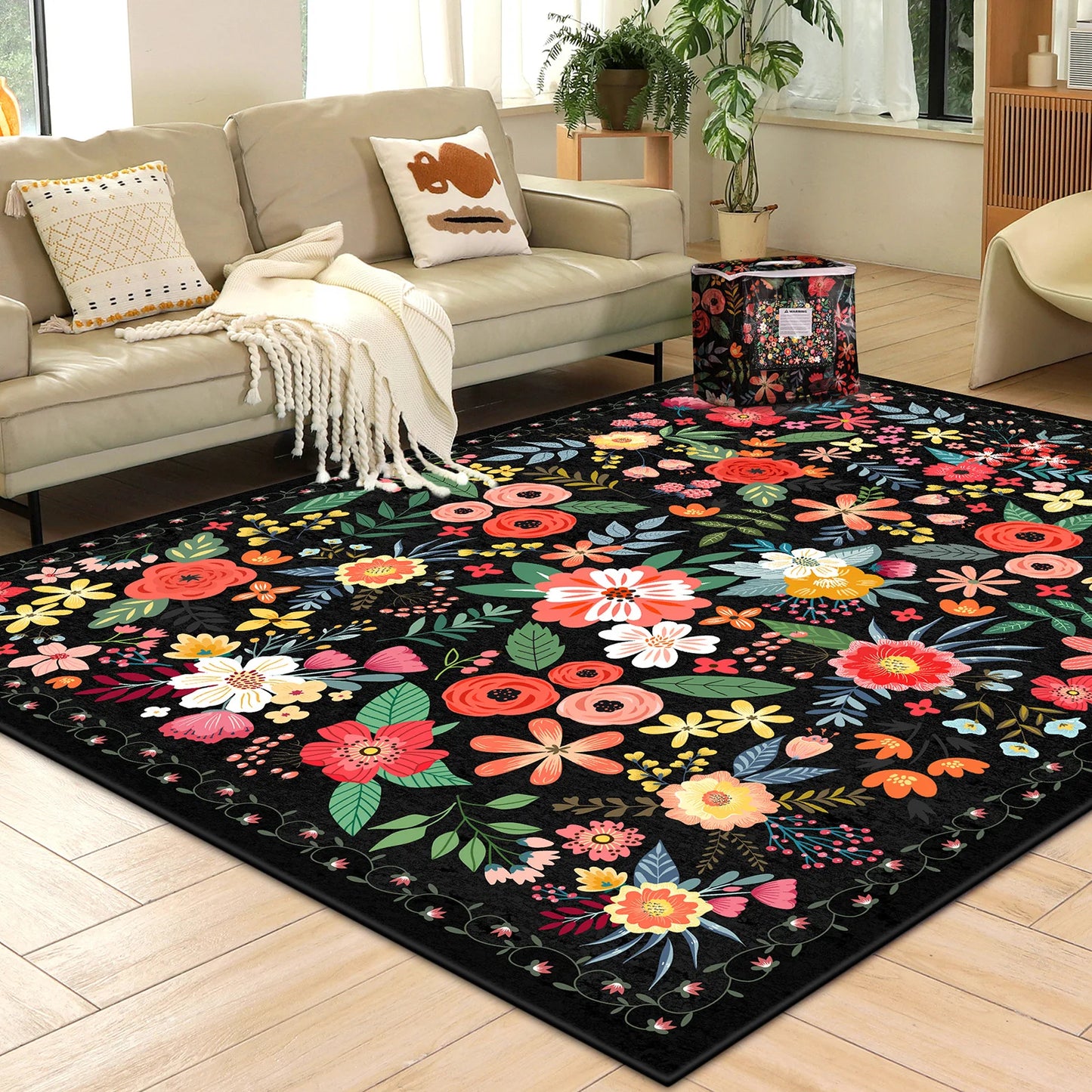 Boho Floral Washable Rug Low Pile Indoor Carpet Non Slip