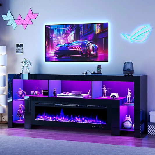 94.5" Fireplace TV Stand for TVs Up to 100", Gaming LED Entertainment Center with 50" Electric Fireplace, Modern High Gloss Medi