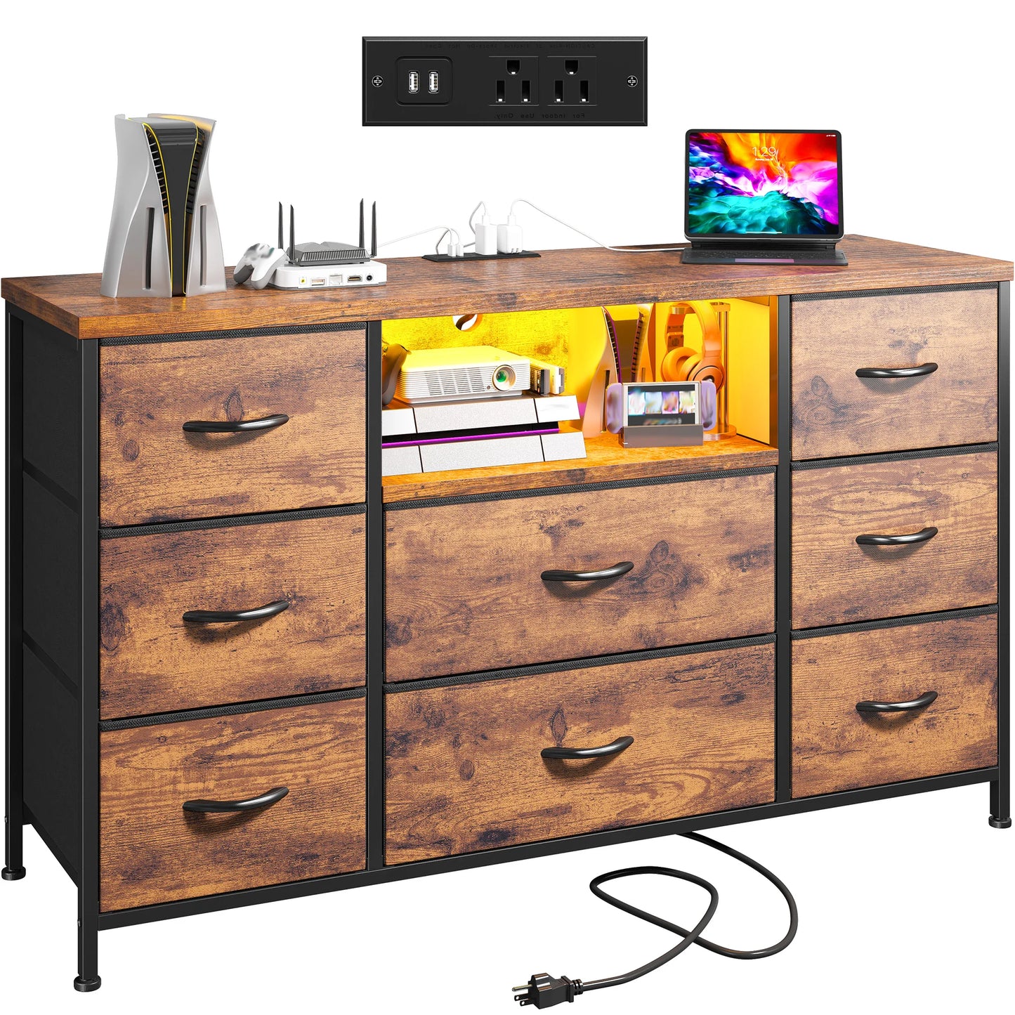 EnHomee 8-Drawer Media Dresser With LED Lighting And Built-In Charging