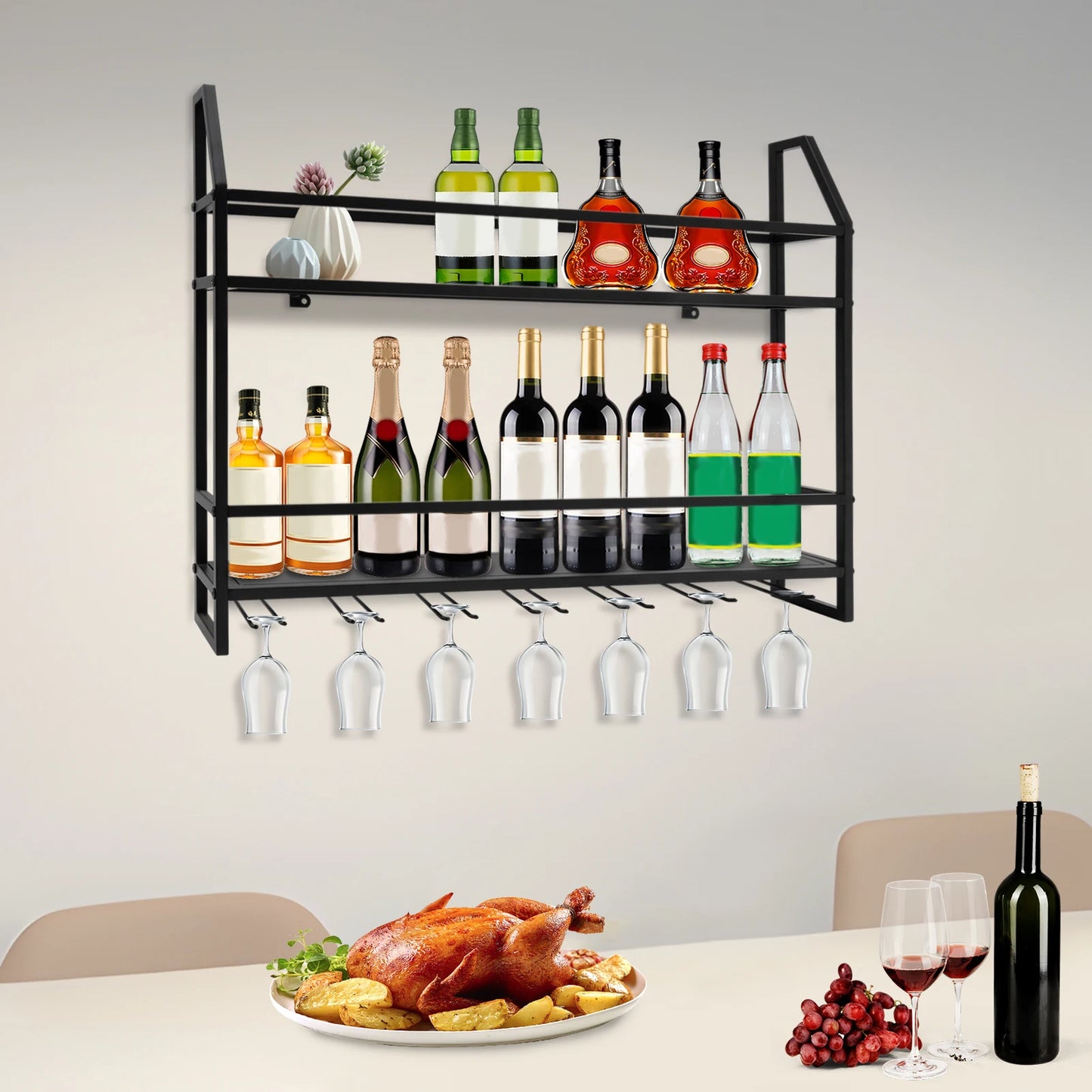 Wall Mounted Wine Rack And Glass Holder For 12 Bottles