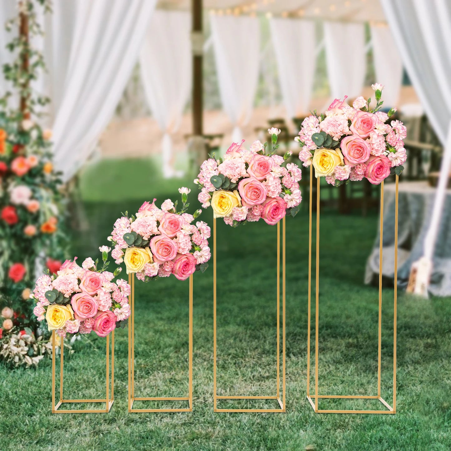 4Pcs Wedding Flower Stand Set, Gold Metal Column Rack Floor Geometric Display Stand Wedding Centerpieces Party Prop Decor Holder