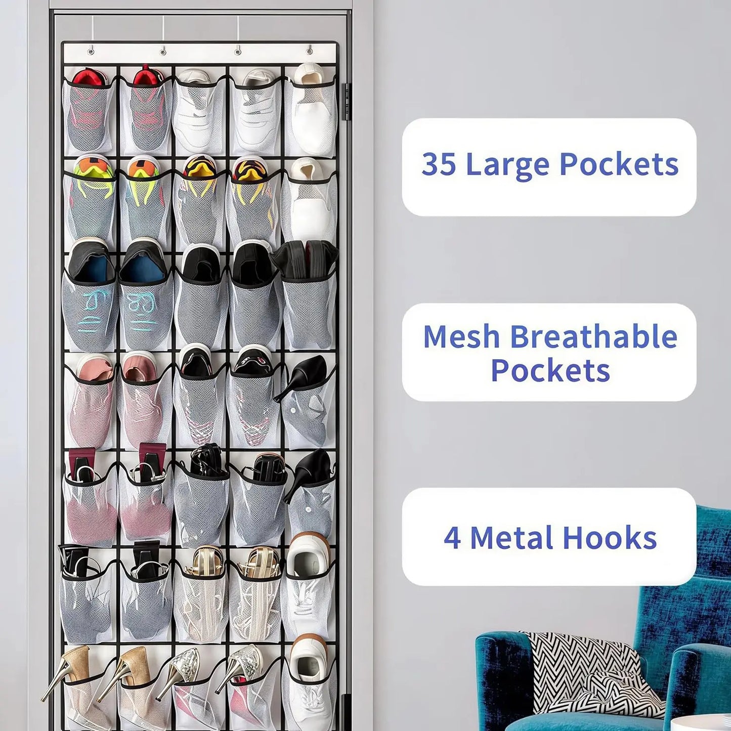 Over The Door Hanging Shoe Rack Organizer Equipped with 24/35 Large Breathable Mesh Storage Pockets, Multifunctional Space Saving Closet Shoe Holder for Household Shoe Storage