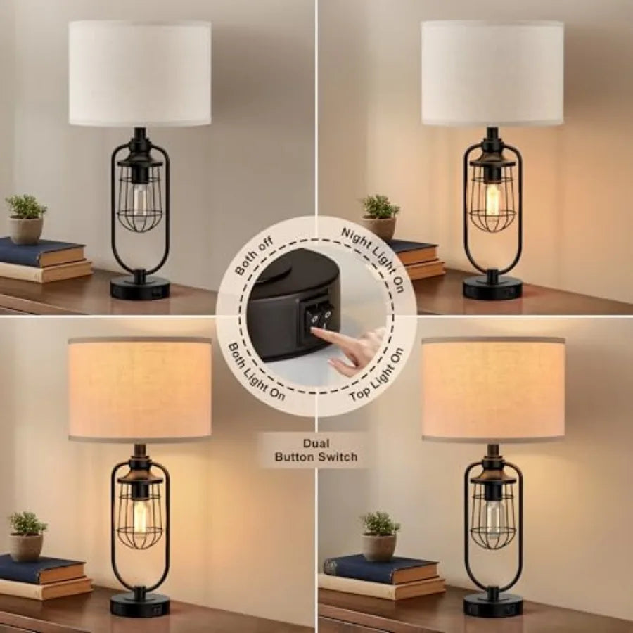 24" Farmhouse Table Lamps for Living Room Set of 2, Black Rustic Lamps for Night Stands with USB Ports, Industrial Bedside Lamp