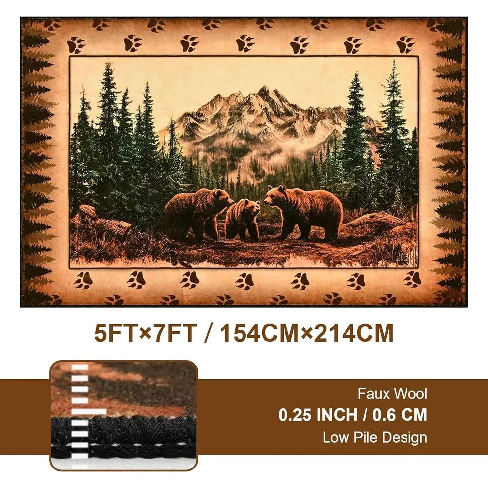 Farmhouse Wildlife Area Rug With Bear Moose Deer Wool