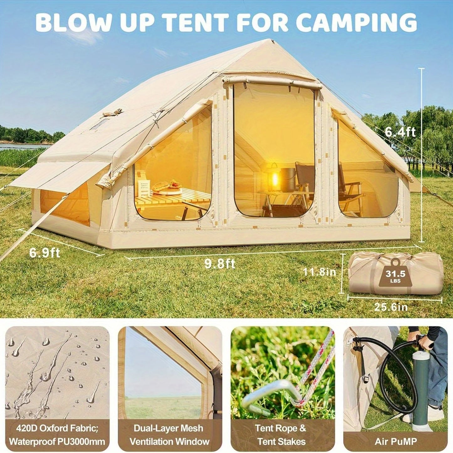 Inflatable Family Camping Tent for Four People, Quick Setup