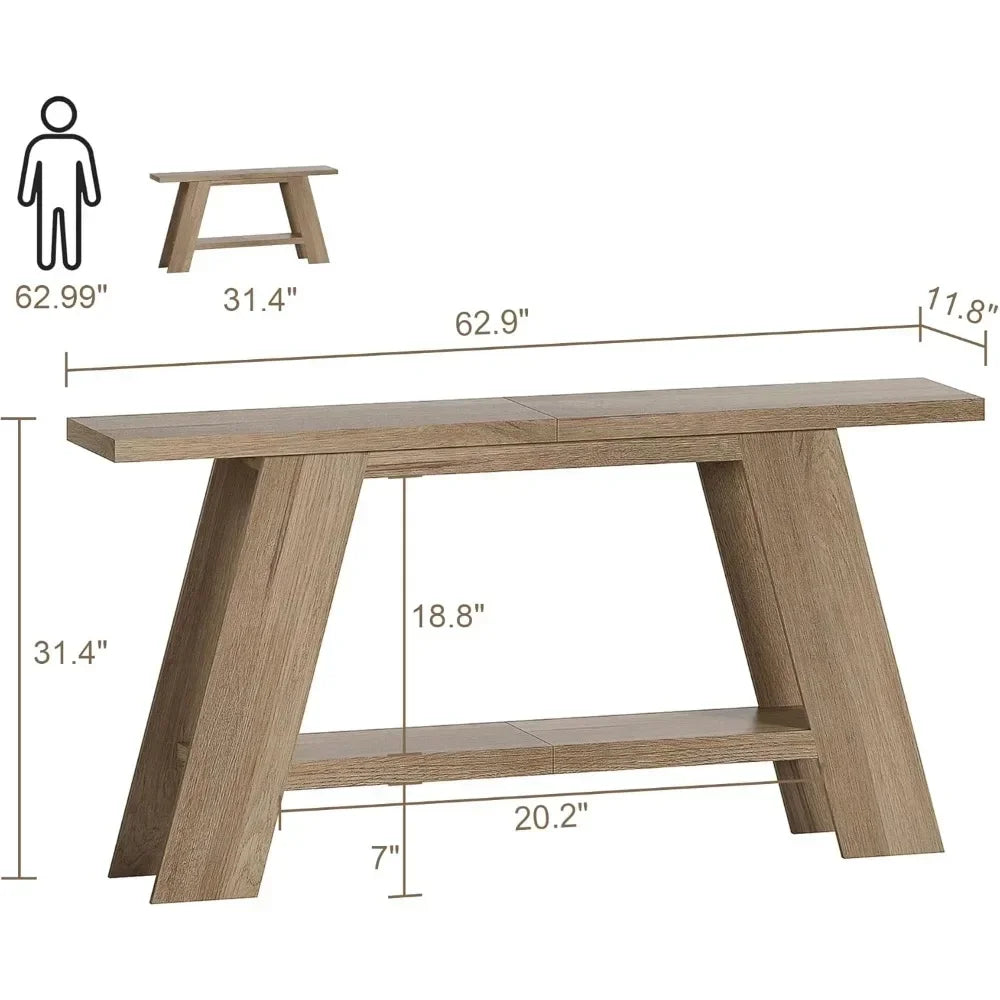 Farmhouse Console Table For Entryway With Two-Tier Wood Shelf