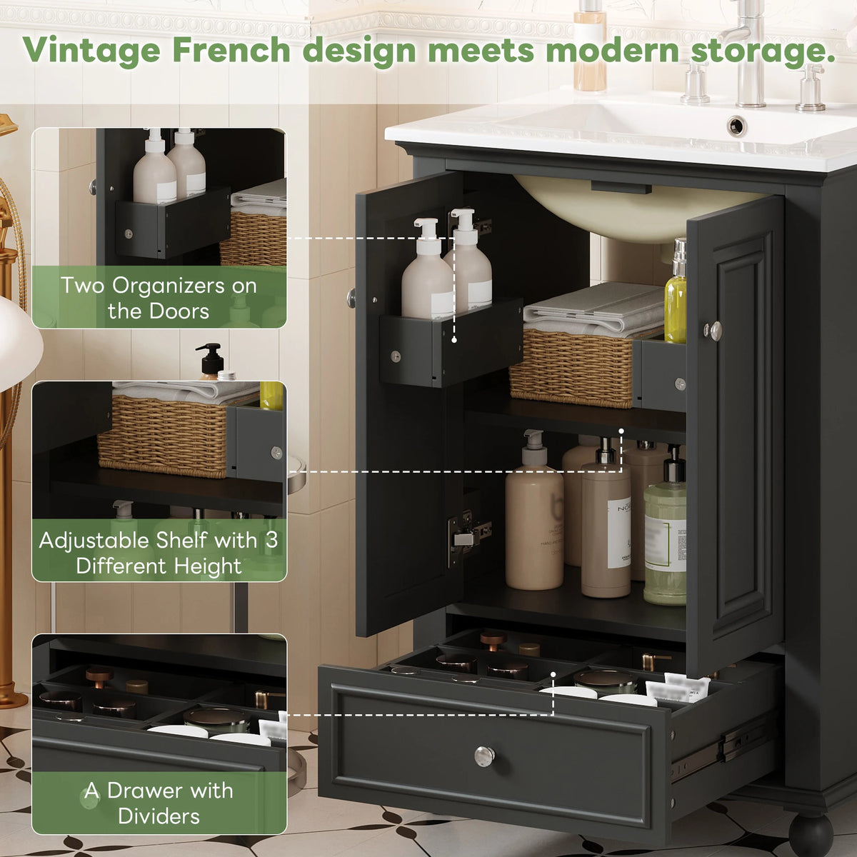 French Vintage Freestanding Bathroom Vanity With Ceramic Sink Storage