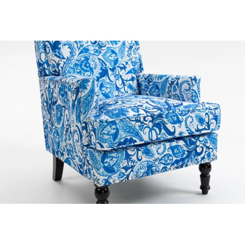 Upholstered Accent Chair, Vintage Armchair with Blue and white porcelain print Linen Fabric and Nailhead Trim for Living Room