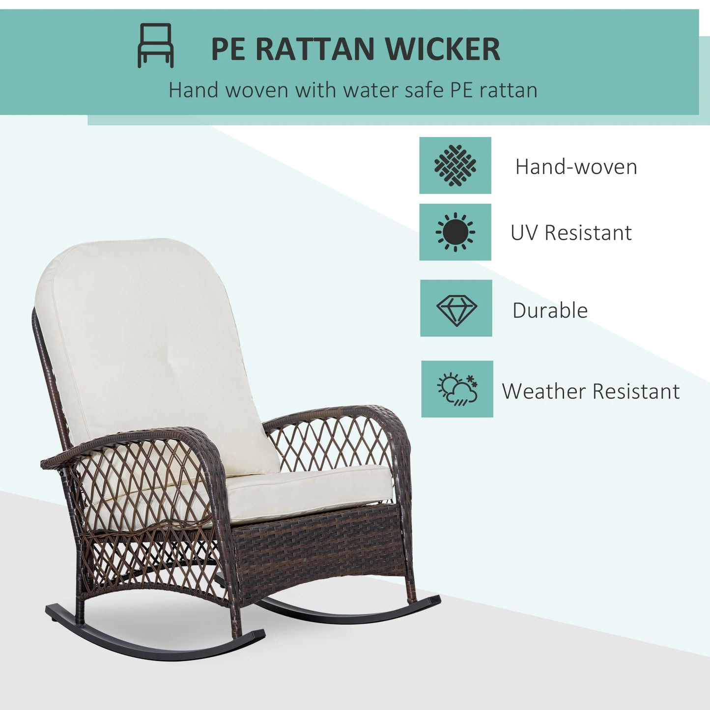 Outdoor PE Rattan Rocking chair, Wicker Porch Rocker w/ Soft Cushion, Cream