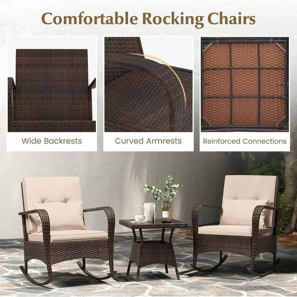 Outdoor Rocking Chairs Set o 2, 3 Piece PE Wicker Patio Bistro Set | Coee Table & Thick Cushions, Rattan Patio Rocker urniture o