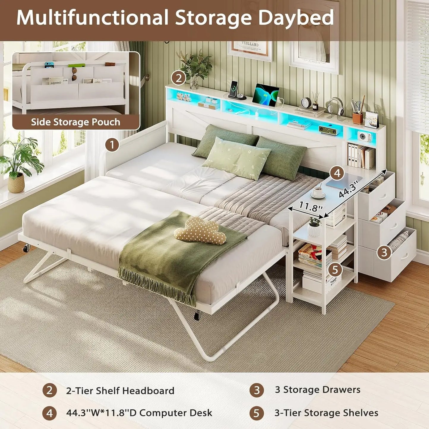 Folded Twin Daybed With Pop Up Trundle And Storage Drawers