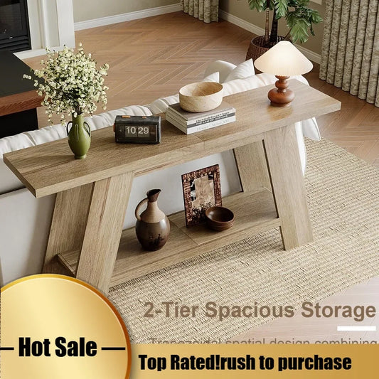 Farmhouse Console Table For Entryway With Two-Tier Wood Shelf
