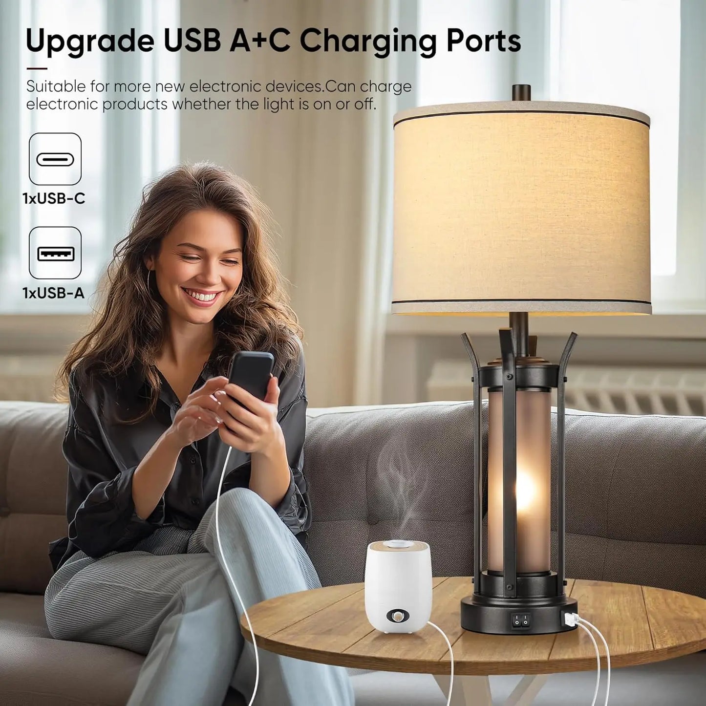 Farmhouse Table Lamps Set of 2 with USB Charging Ports, Frosted Glass Night Light, and LED Bulbs Included in Black