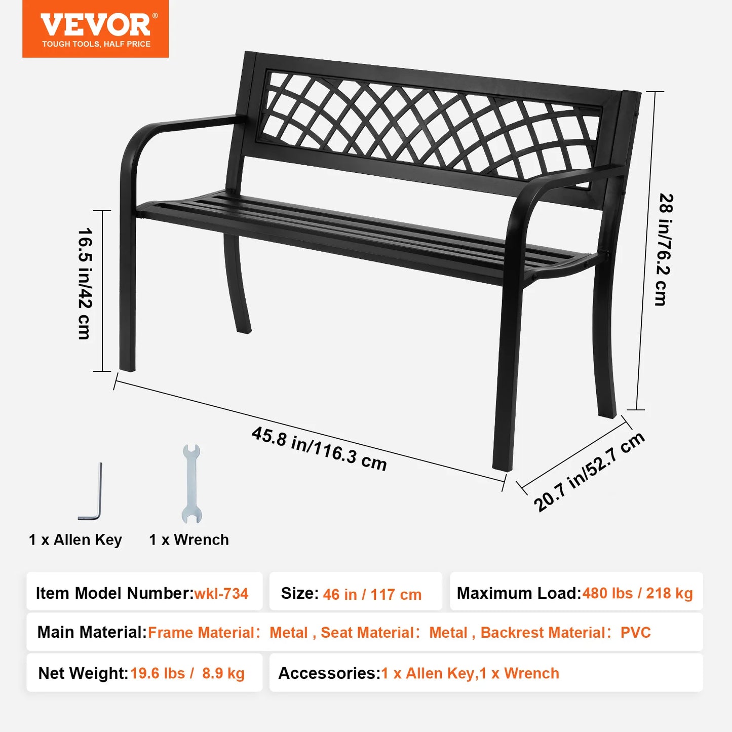 SucceBuy Outdoor Bench Wood Metal Garden Seating 480 Lbs Load Capacity
