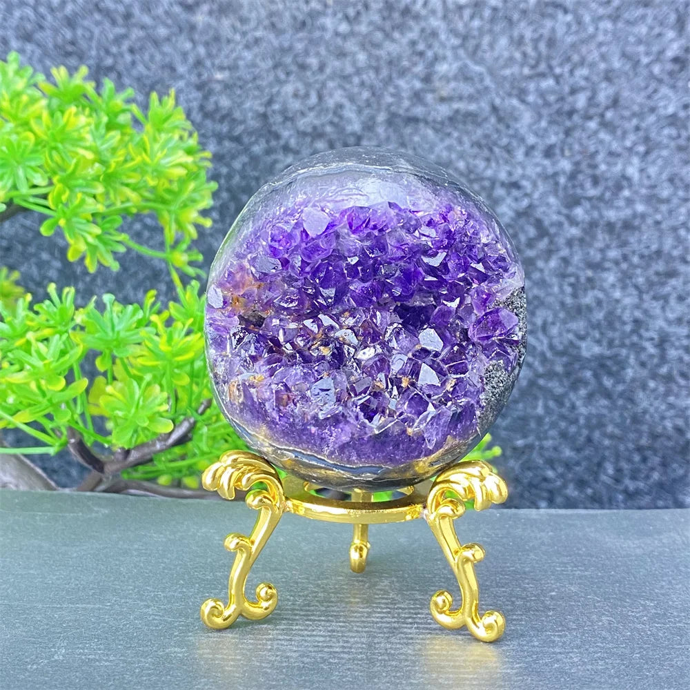 Natural Amethyst Geode Crystal Ornament With Decorative Display Base