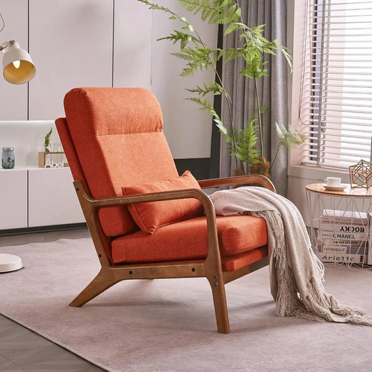 Mid Century Modern High Back Linen Armchair With Wooden Frame