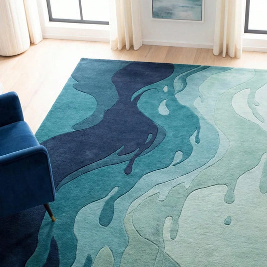 Abstract Blue And Green Wave Pattern Polyester Living Room Carpet
