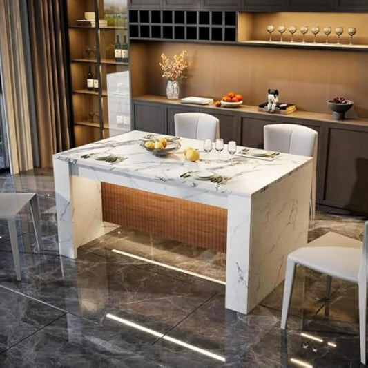 Faux Marble Dining Table With LED Lights For Modern Kitchen