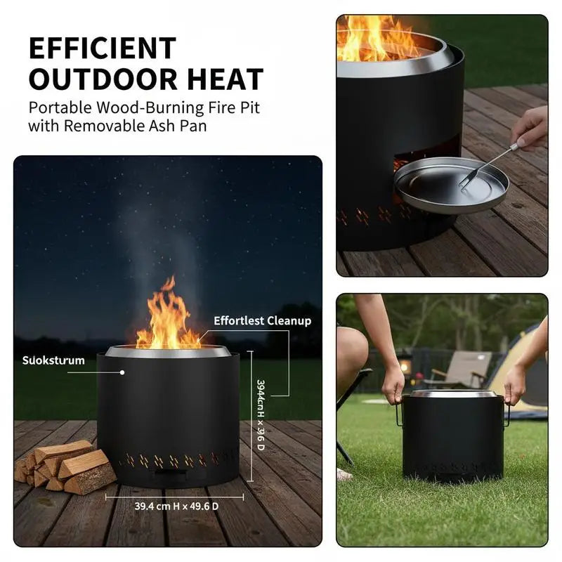 Smokeless Fire Pit Stove Bonfire, H: 15.4 in x Dia: 15.7 in ,Wood Burning Fireplaces with Removable Ash Pan, SUS430 Stainless Steel Inner Portable Outdoor Firepit,for Outdoor Patio Camping