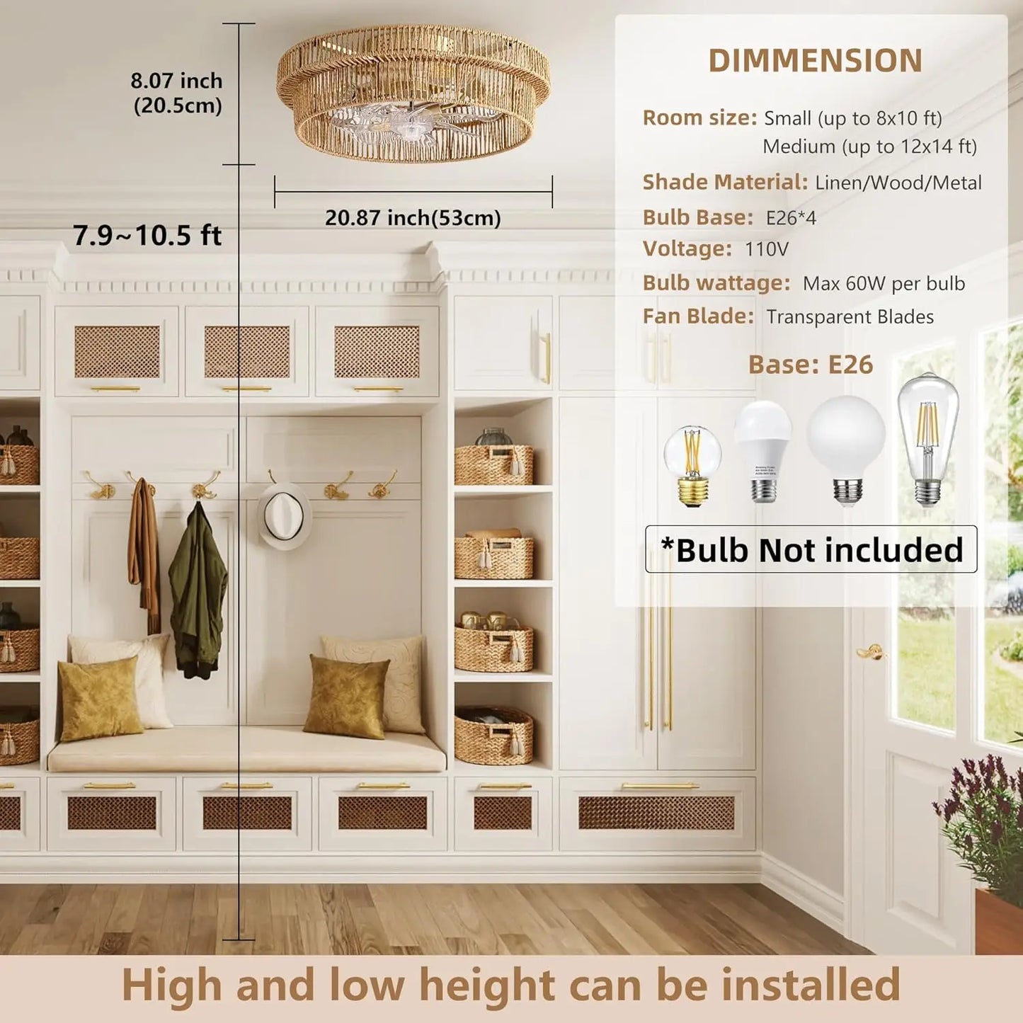 Rattan Boho Ceiling Fan with Light Flush Mount with Remote