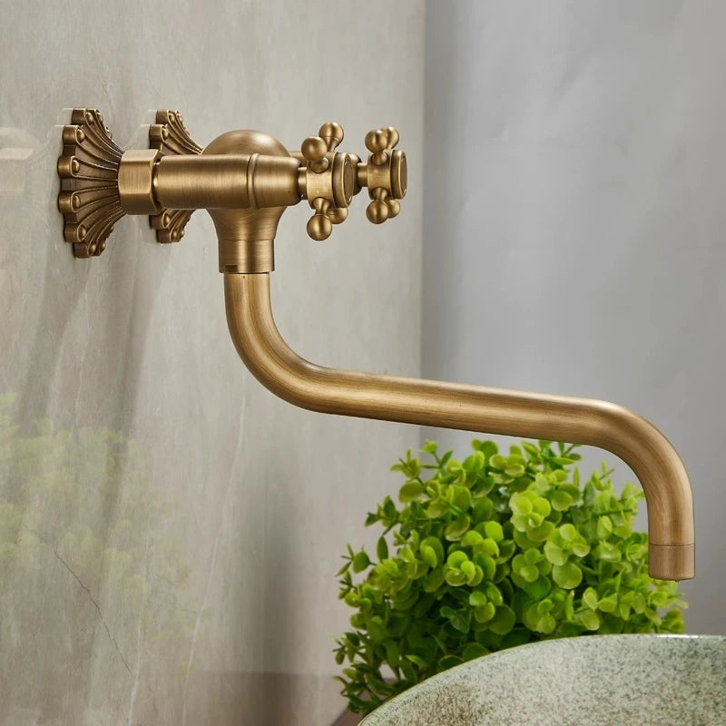 Brass Antique Wall Mounted Washbasin Faucets Double Handle Double Hole Rotatable Wall Mounted Retro Hot and Cold Faucet