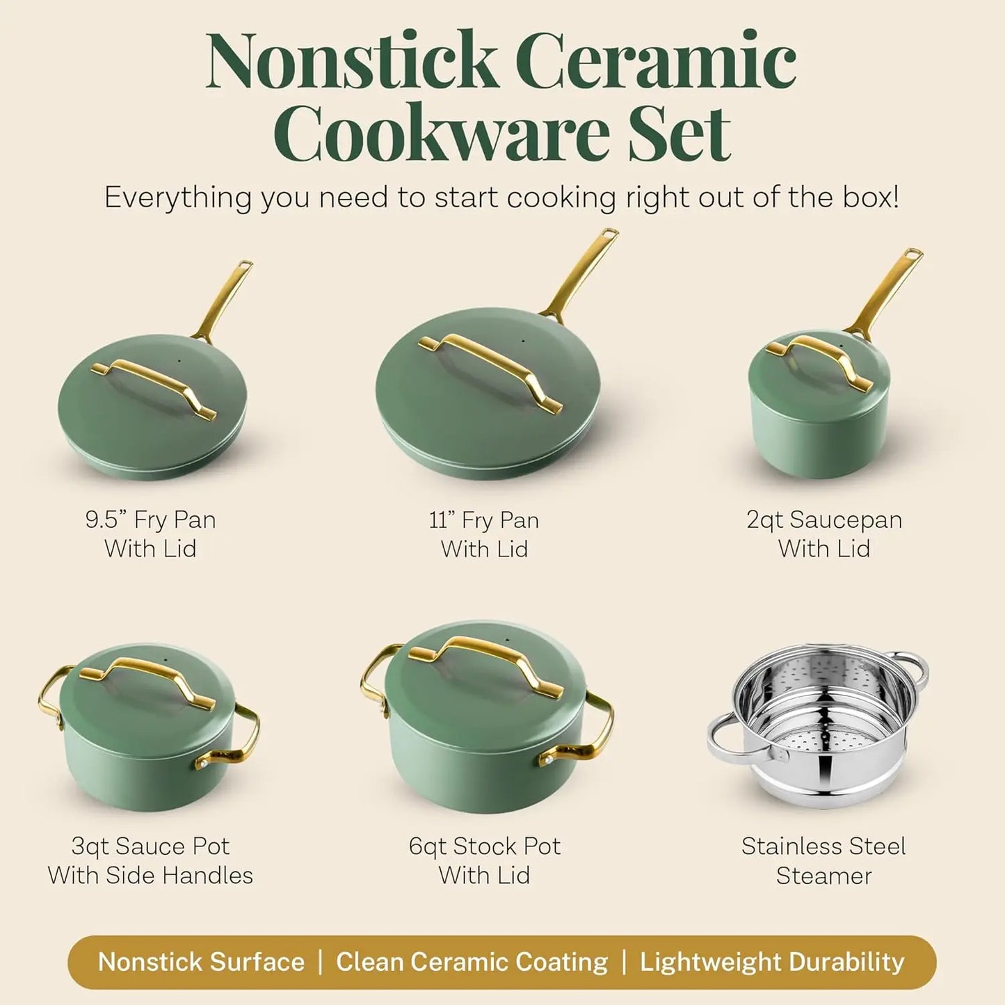 Ceramic Nonstick 11 Piece Cookware Set Induction Ready Pots Pans