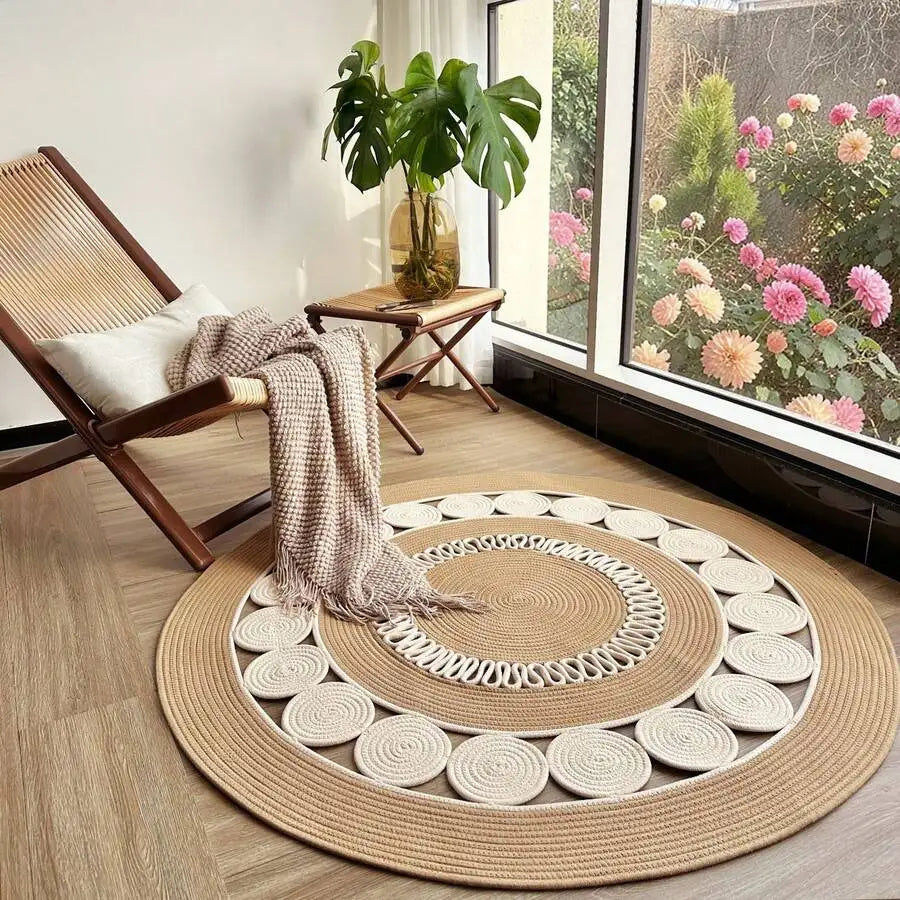 Bohemian style hand-woven linen fiber round rug, beige non-slip rug, suitable for living room, garden, bathroom, kitchen, machine washable and pet-friendly