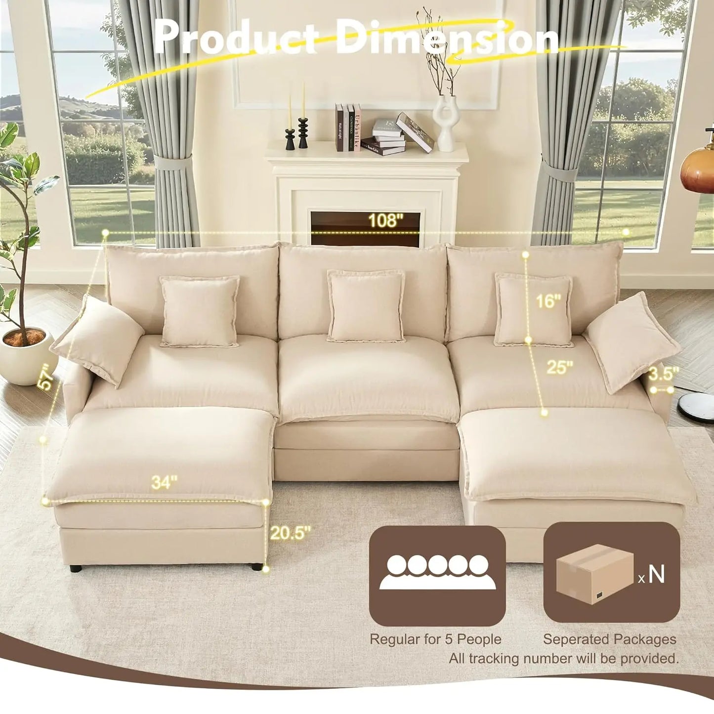 U Shaped Modular Sectional Sofa With Movable Ottoman