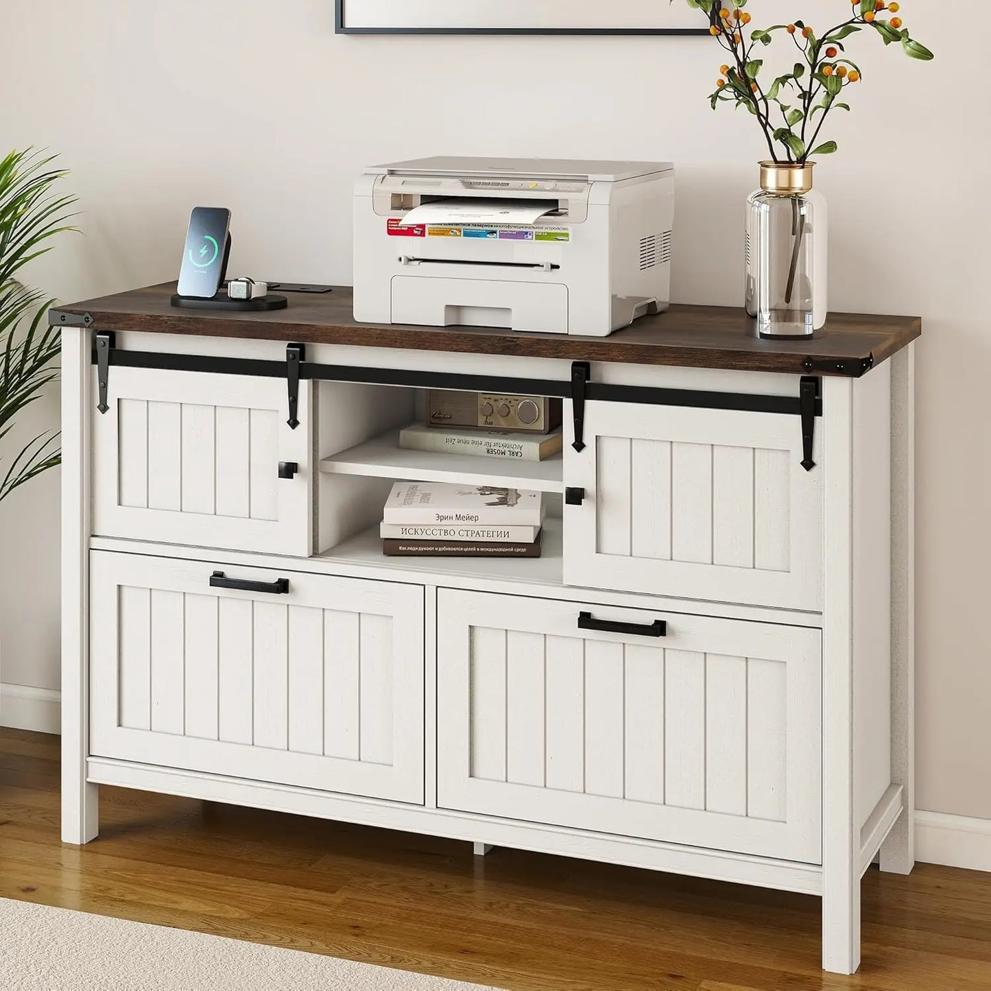 NONEDesk Executive Desk with File Cabinets and USB Charging Station
