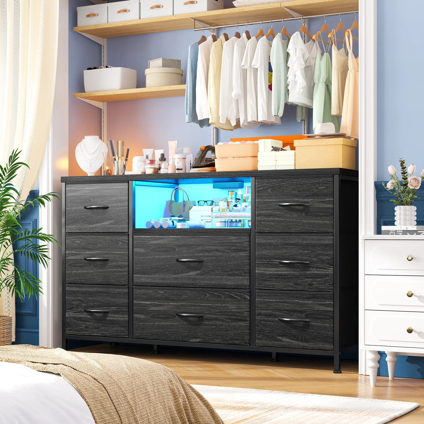 EnHomee 8-Drawer Media Dresser With LED Lighting And Built-In Charging