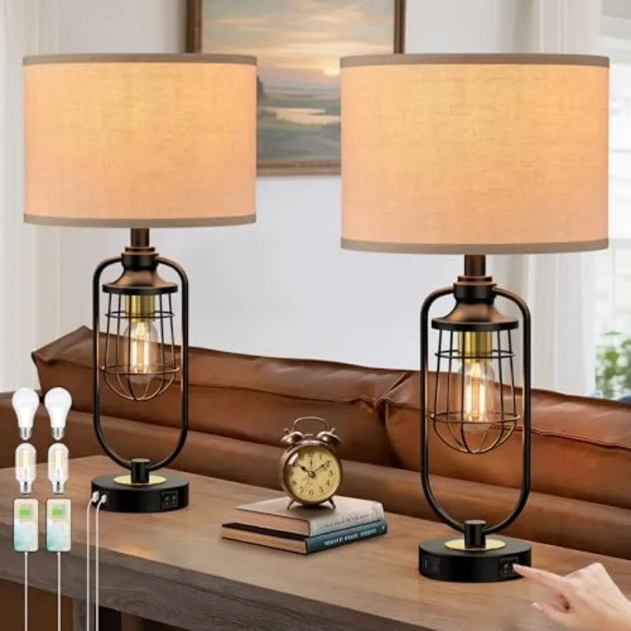 24" Farmhouse Table Lamps for Living Room Set of 2, Black Rustic Lamps for Night Stands with USB Ports, Industrial Bedside Lamp