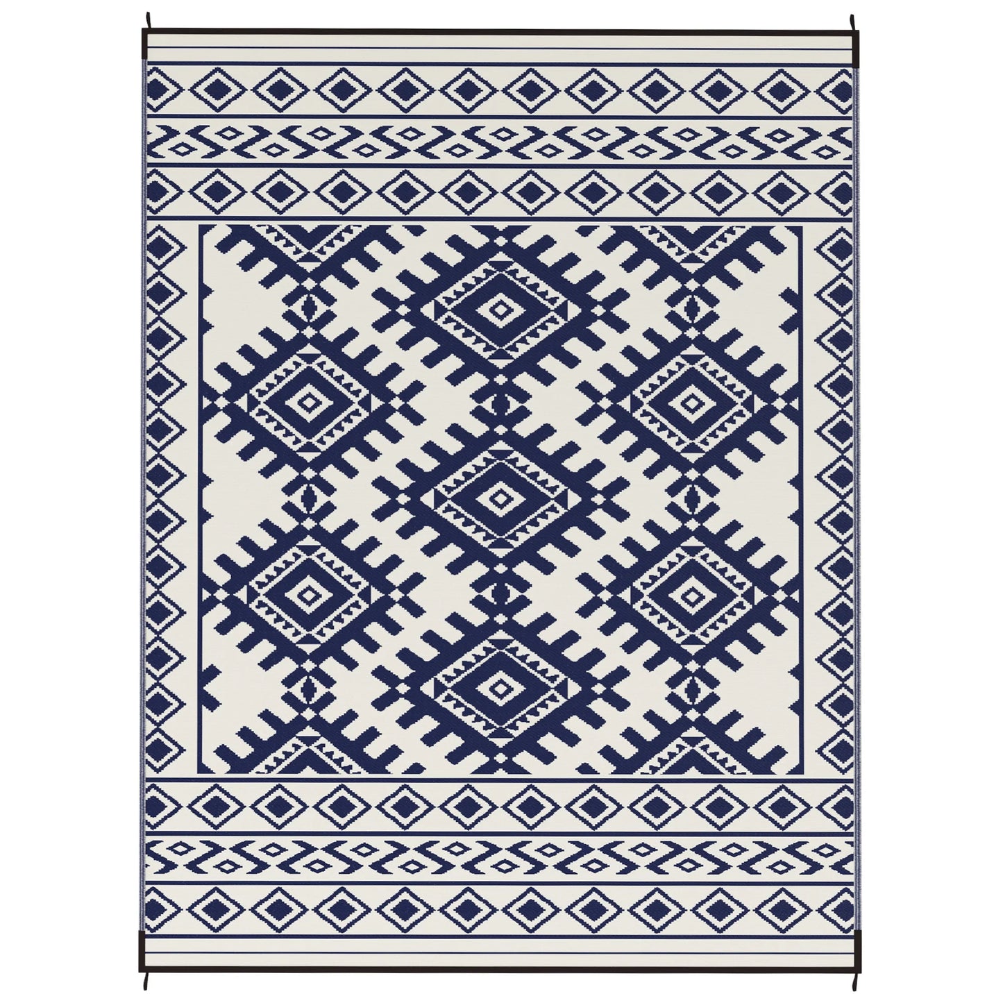 Outdoor Rug, 9' x 12' Floor Mat, Blue White Rhombus Border