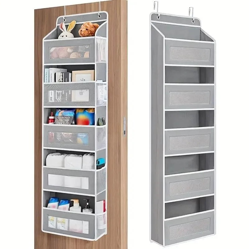 Door Hanging Storage Rack - 5+5 Pockets for Everyday Storage with 5 Large Clear & Mesh Side Pockets Over-The-Door Multi-Pocket Organizer Hangable Black Large Capacity Anti-Tilt Design Heavy-Duty