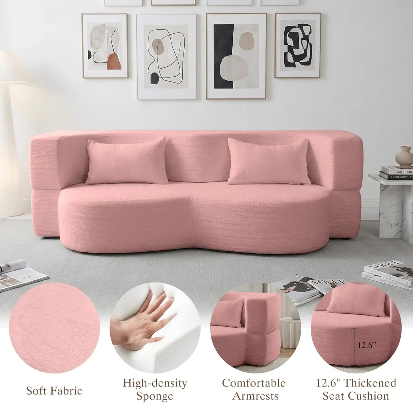 Convertible Sofa Bed 2-In-1 Teddy Fabric Loveseat With Pillow