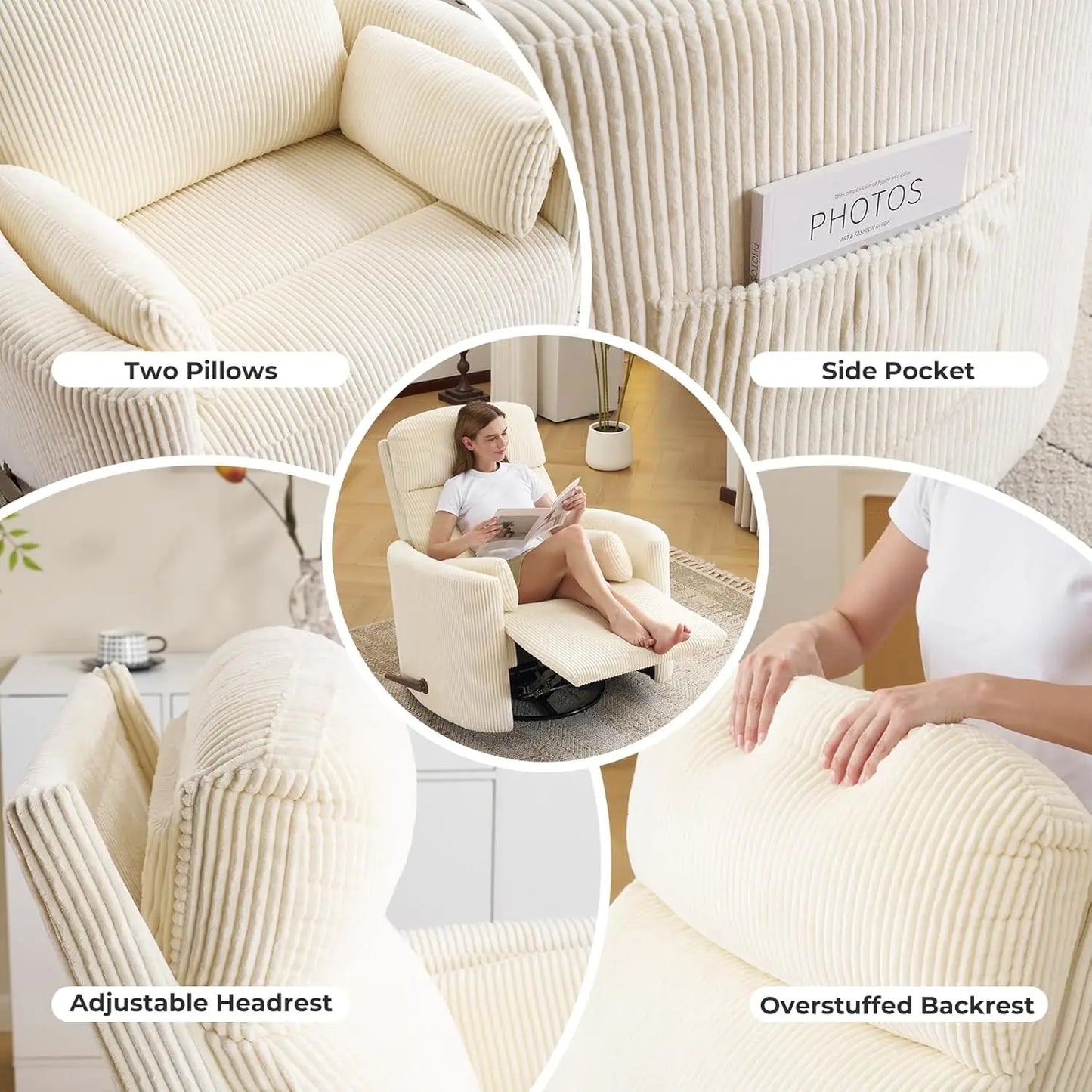 Oversized Swivel Rocker Recliner with Massage and Heat, Swivel Nursery Recliner with Adjustable Headrest, Manual, Customized